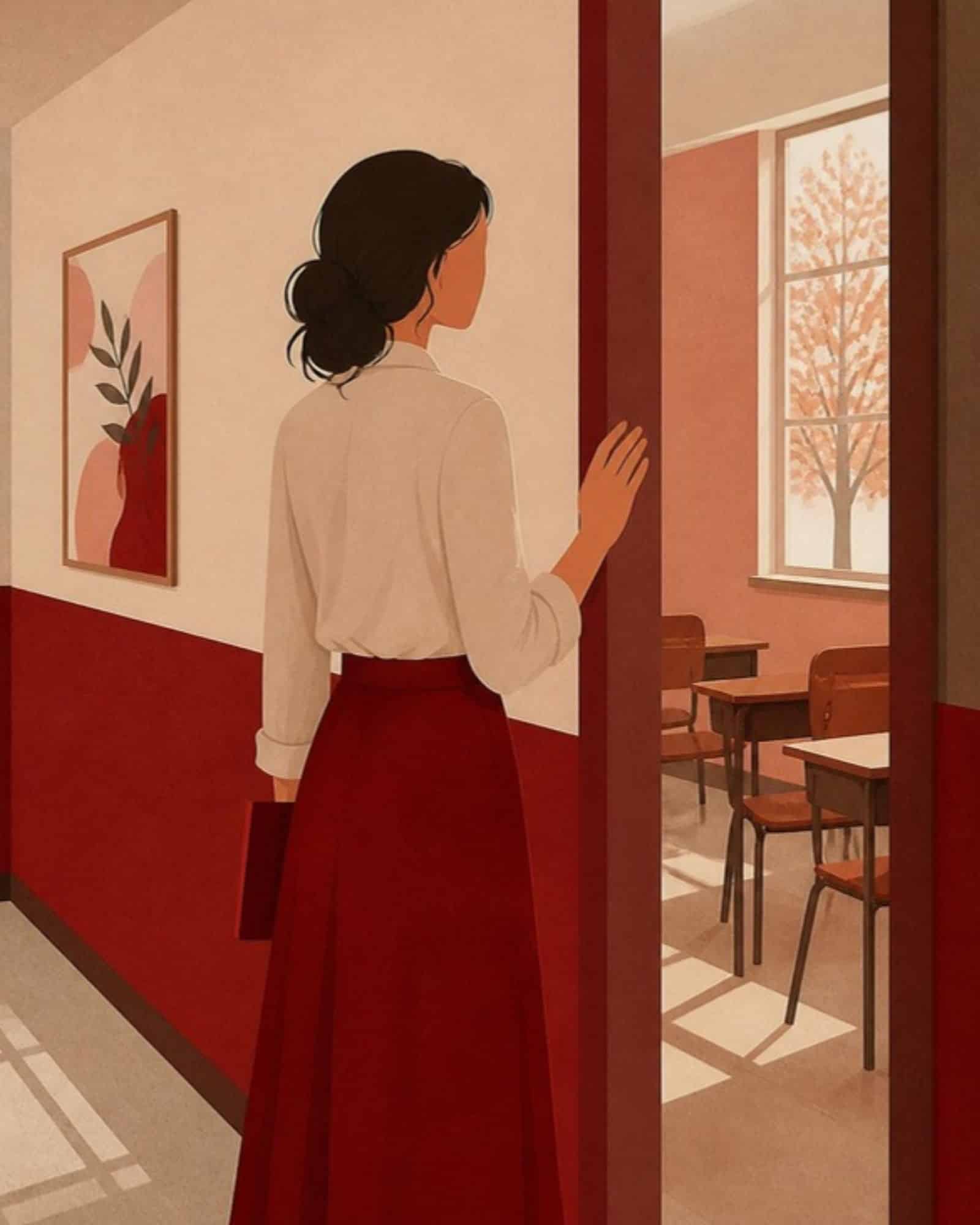 Illustration: Lehrerin steht in der Tür eines leeren Klassenraums und blickt in den Raum