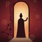Illustration: Eine Frau steht als Silhouette in einer offenen, hell erleuchteten Tür, um sie herum fallen rote Blütenblätter