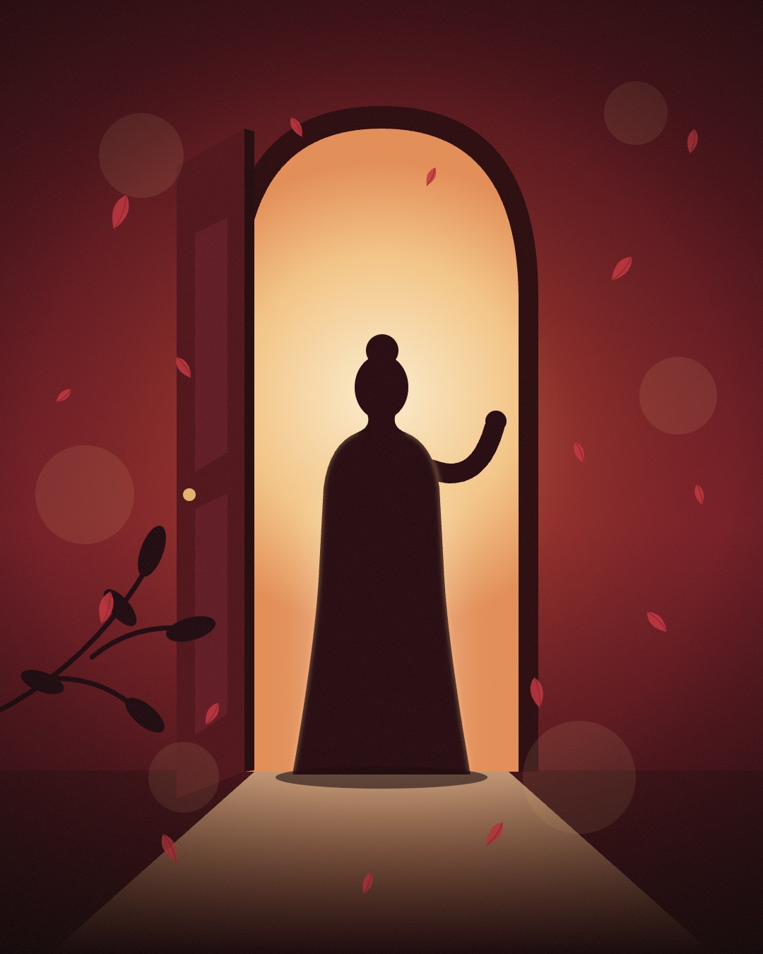 Illustration: Eine Frau steht als Silhouette in einer offenen, hell erleuchteten Tür, um sie herum fallen rote Blütenblätter