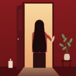 Illustration: Eine Frau mit langen dunklen Haaren steht von hinten vor einer offenen Tür, durch die warmes Licht fällt