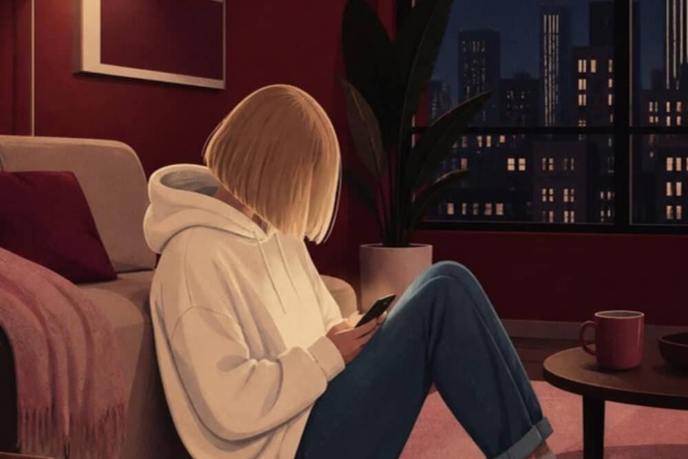 Illustration: Eine blonde Frau mit Bob sitzt abends in einer modernen Wohnung auf dem Boden und schaut auf ihr Smartphone, draußen leuchtet die Stadt