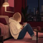 Illustration: Eine blonde Frau mit Bob sitzt abends in einer modernen Wohnung auf dem Boden und schaut auf ihr Smartphone, draußen leuchtet die Stadt