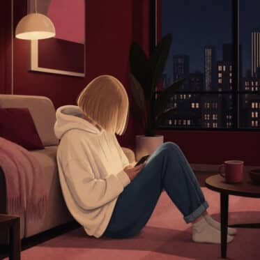 Illustration: Eine blonde Frau mit Bob sitzt abends in einer modernen Wohnung auf dem Boden und schaut auf ihr Smartphone, draußen leuchtet die Stadt