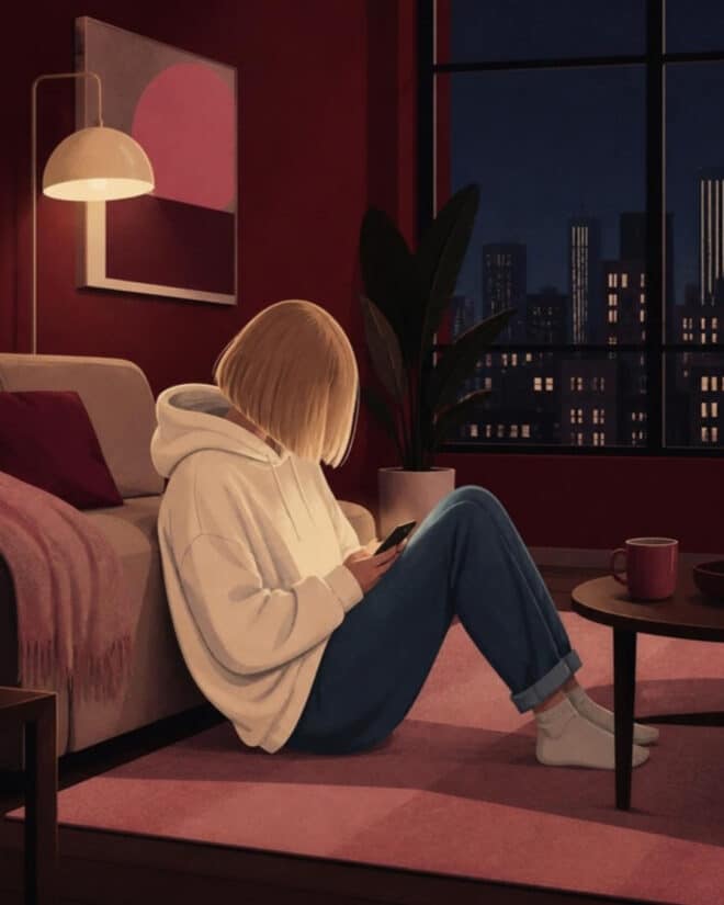 Illustration: Eine blonde Frau mit Bob sitzt abends in einer modernen Wohnung auf dem Boden und schaut auf ihr Smartphone, draußen leuchtet die Stadt