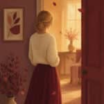 Illustration: Eine blonde Frau mit Dutt steht von hinten an einer offenen Tür und blickt in ein warm erleuchtetes Zimmer, rote Blütenblätter schweben im Raum