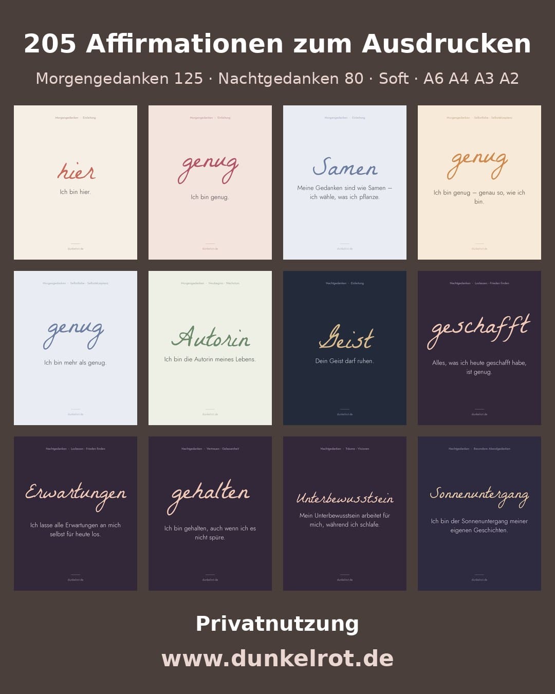205 Affirmationskarten Morgen- und Nachtgedanken von dunkelrot Prints