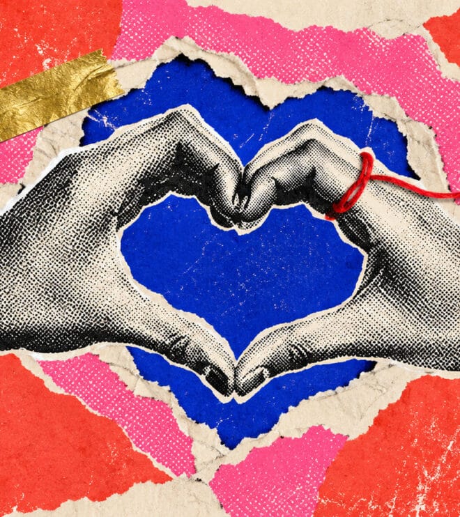 Courage, my love – 7 Tage: zwei Hände formen ein Herz auf pinkem Collage-Hintergrund