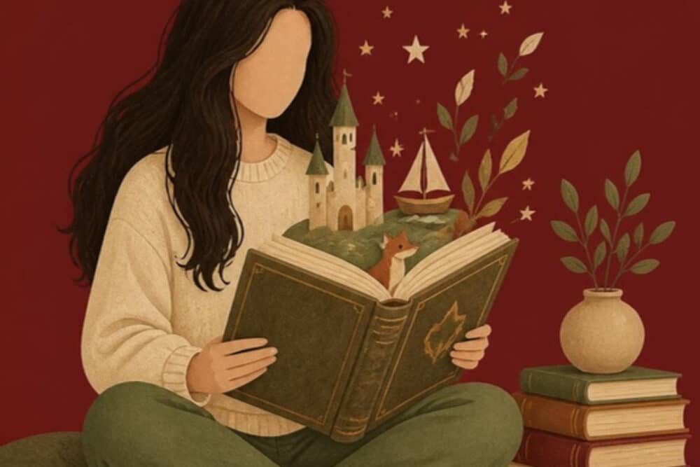 Illustration auf dunkelrotem Grund: eine Frau mit langen dunklen Haaren sitzt im Schneidersitz und liest ein großes altes Buch, aus dessen Seiten ein kleines Schloss, ein Boot, ein Fuchs, Blätter, Sterne und ein Mond aufsteigen, daneben ein Bücherstapel, das Gesicht ohne Züge