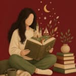 Illustration auf dunkelrotem Grund: eine Frau mit langen dunklen Haaren sitzt im Schneidersitz und liest ein großes altes Buch, aus dessen Seiten ein kleines Schloss, ein Boot, ein Fuchs, Blätter, Sterne und ein Mond aufsteigen, daneben ein Bücherstapel, das Gesicht ohne Züge