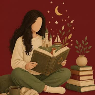 Illustration auf dunkelrotem Grund: eine Frau mit langen dunklen Haaren sitzt im Schneidersitz und liest ein großes altes Buch, aus dessen Seiten ein kleines Schloss, ein Boot, ein Fuchs, Blätter, Sterne und ein Mond aufsteigen, daneben ein Bücherstapel, das Gesicht ohne Züge