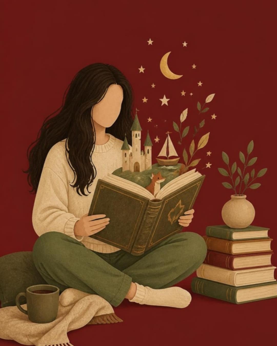 Illustration auf dunkelrotem Grund: eine Frau mit langen dunklen Haaren sitzt im Schneidersitz und liest ein großes altes Buch, aus dessen Seiten ein kleines Schloss, ein Boot, ein Fuchs, Blätter, Sterne und ein Mond aufsteigen, daneben ein Bücherstapel, das Gesicht ohne Züge